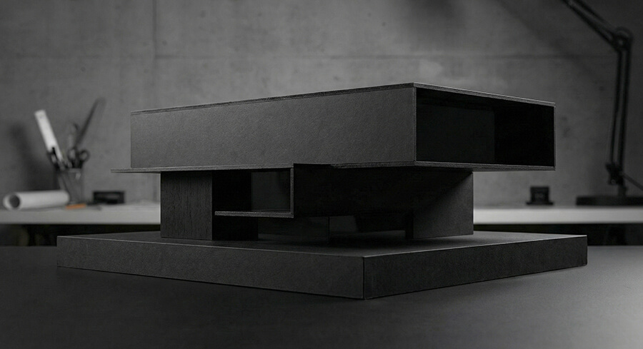 建築模型を黒スチレンボードで製作した画像