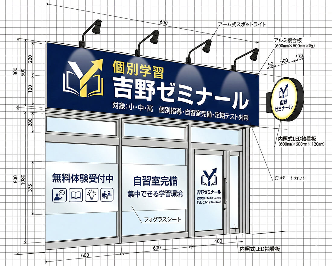 学習塾の看板デザイン提案図｜カラフルポップなファサード看板＋ウィンドウサイン（小中学生向け）