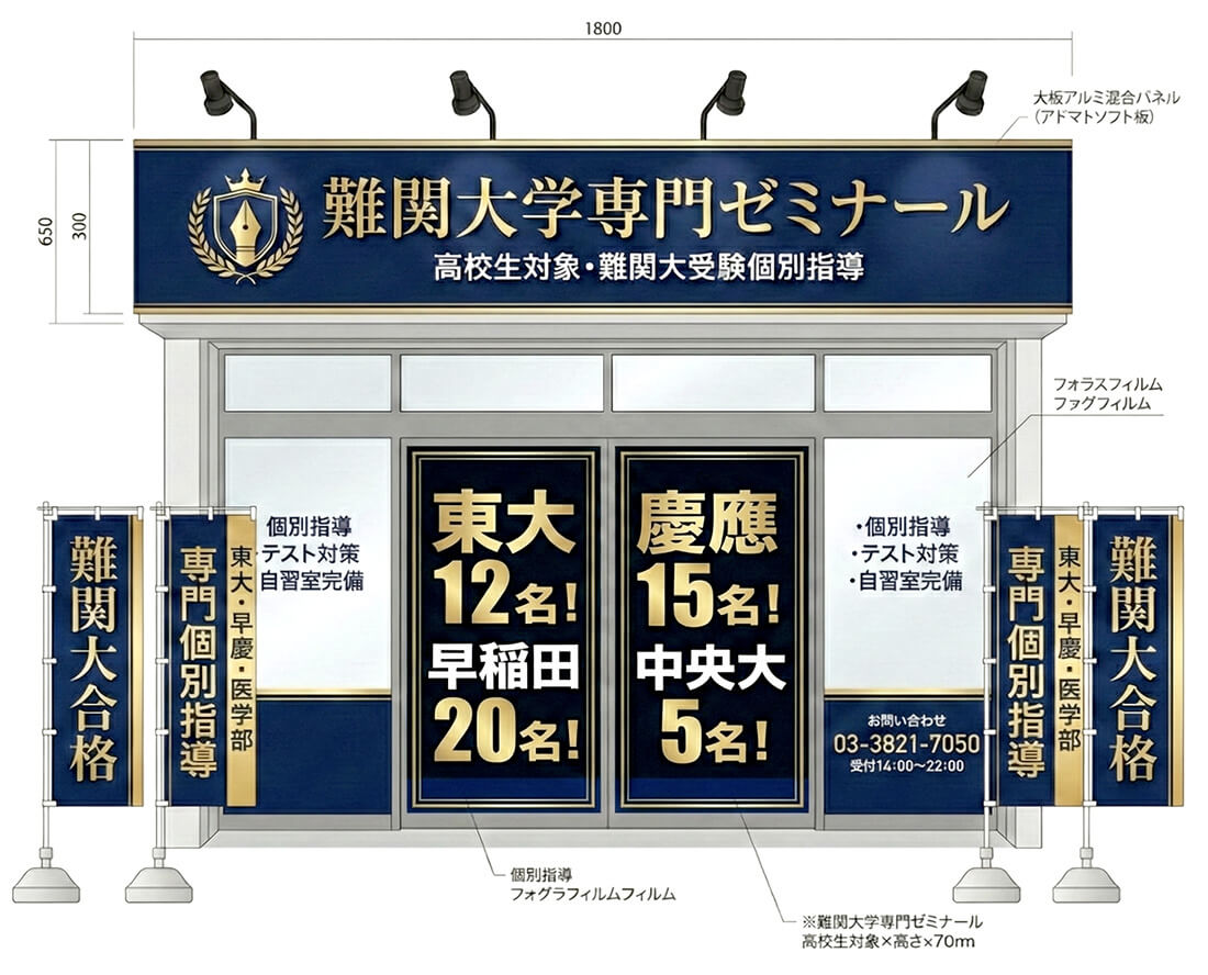 進学塾の看板デザイン提案図｜ブルーカラフルファサード＋ウィンドウサイン＋のぼり旗（W3,600mm）