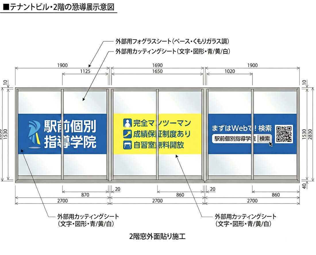 難関大学専門ゼミナールの看板デザイン提案図｜ネイビー×ゴールドファサード＋のぼり旗