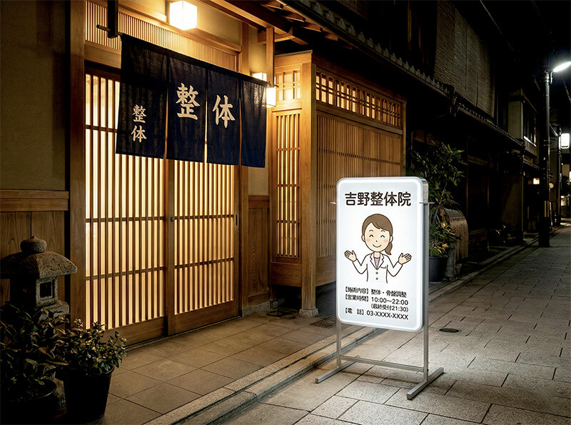 ADO-207T-LED 縦型電飾スタンド看板を整体院の入口に置いたイメージ