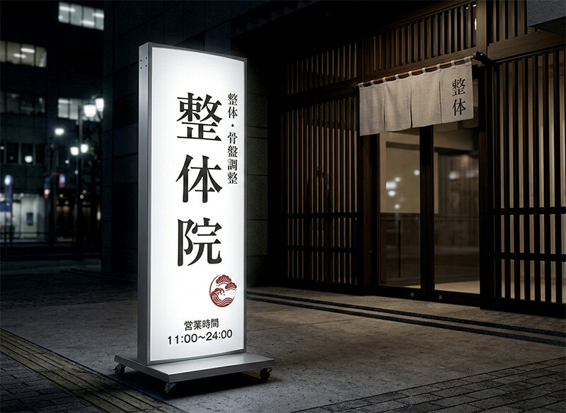 ADO-700T-LED シルバー 電飾スタンド看板を整体院の入口前に設置したイメージ