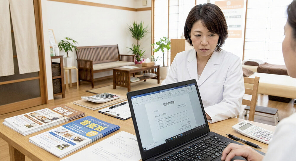 整体院オーナーが看板の見積もりをパソコンで確認している日本人のイメージ