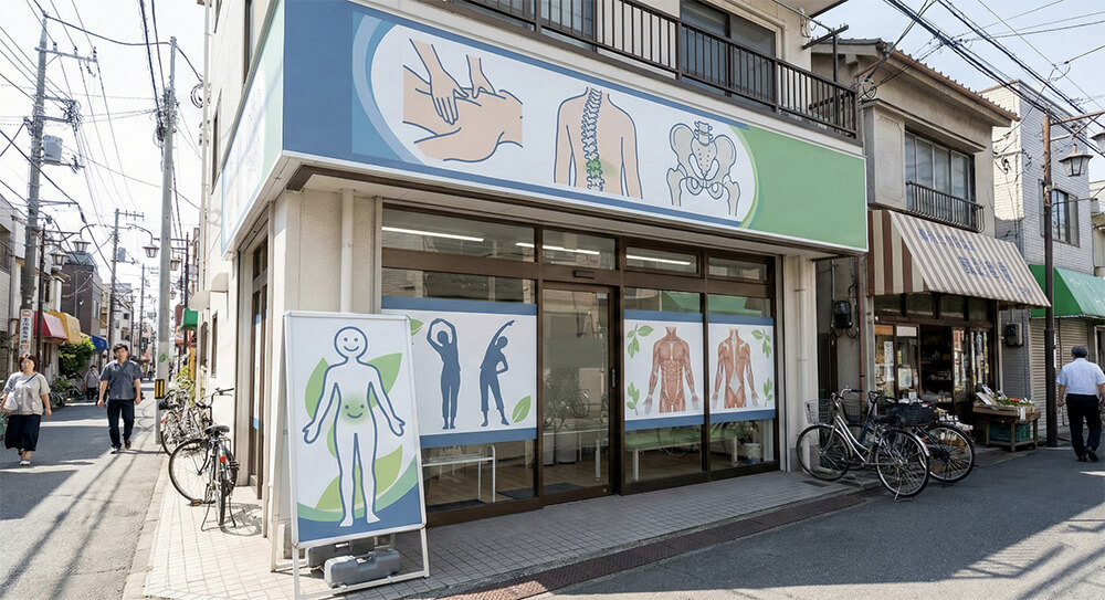 整体院の外観に設置されたおしゃれで清潔感のある集患に効いている看板デザインの事例イメージ