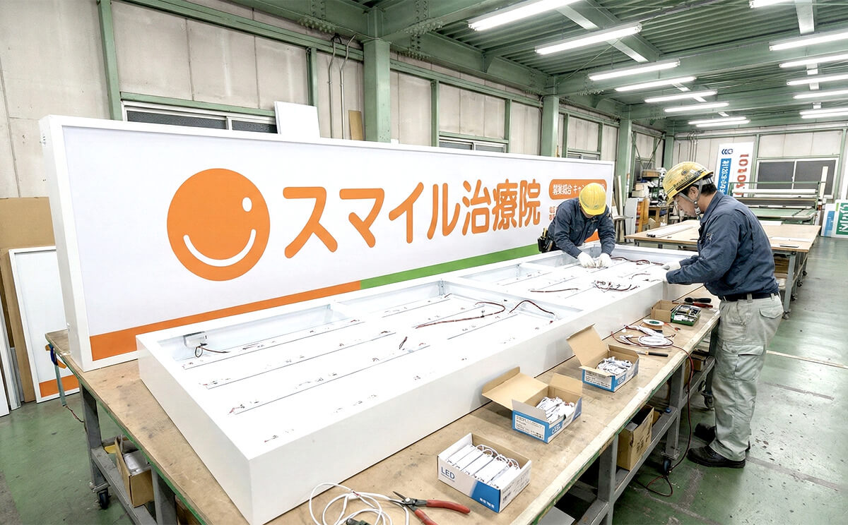 整体院看板の製作工場での製作シーン