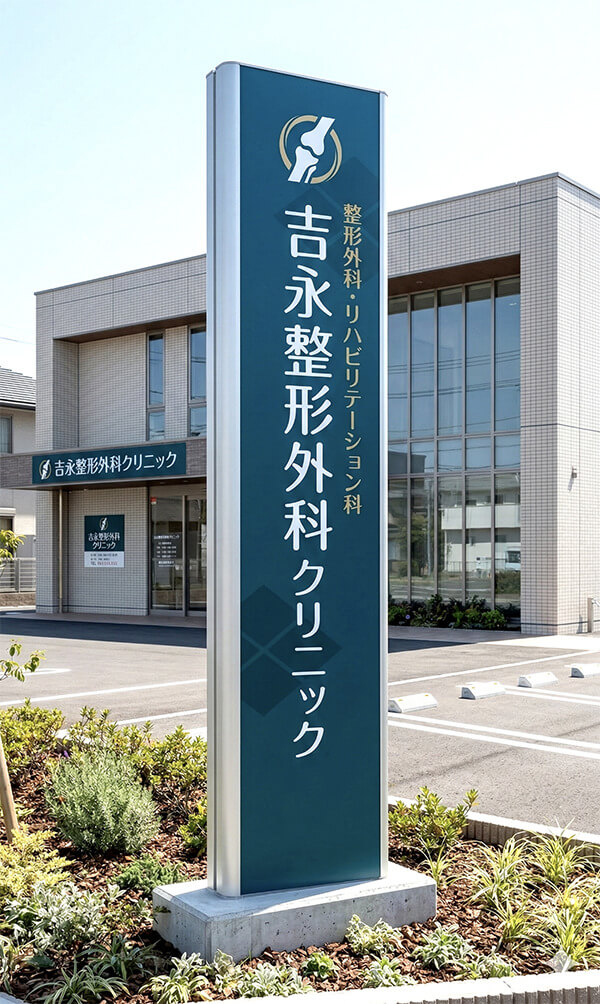 ビーファインBF 整形外科クリニック内照式タワーサイン施工事例（グリーン全面発光）