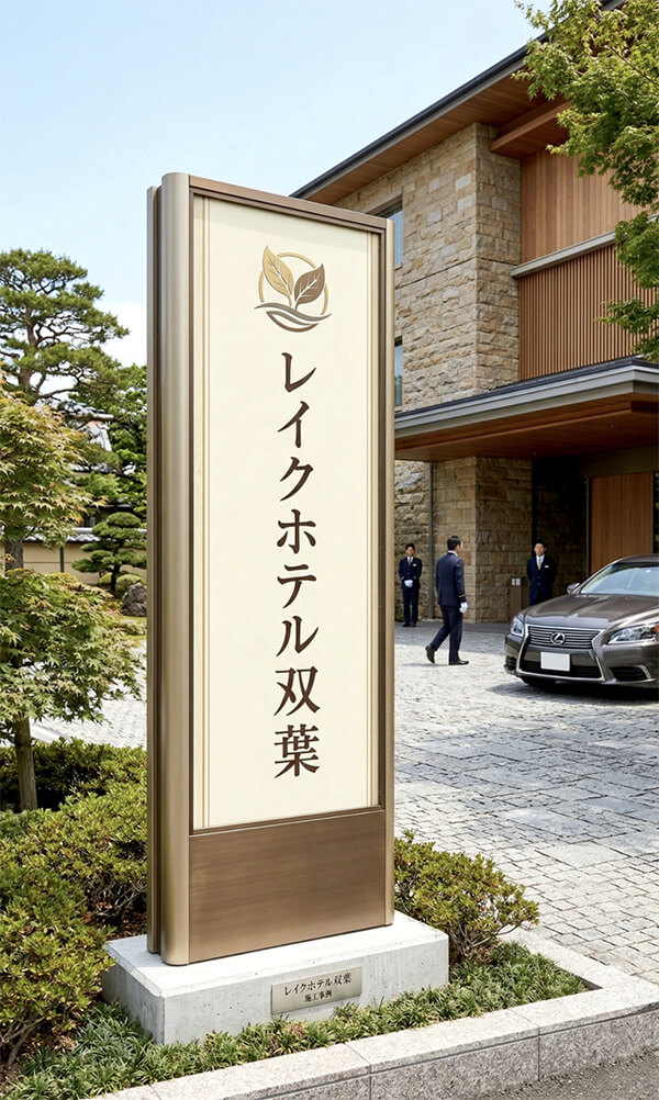 ビーファインBF ホテル・宿泊施設内照式タワーサイン施工事例（白黒ラグジュアリーデザイン）