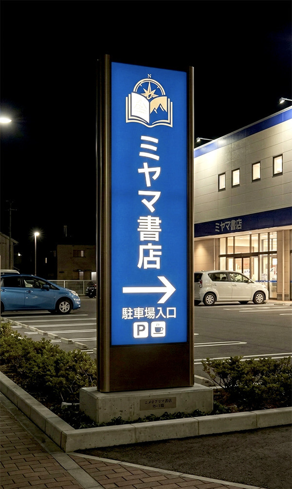 ビーファインBF 書店・商業施設内照式タワーサイン施工事例（ネイビー×ホワイト）
