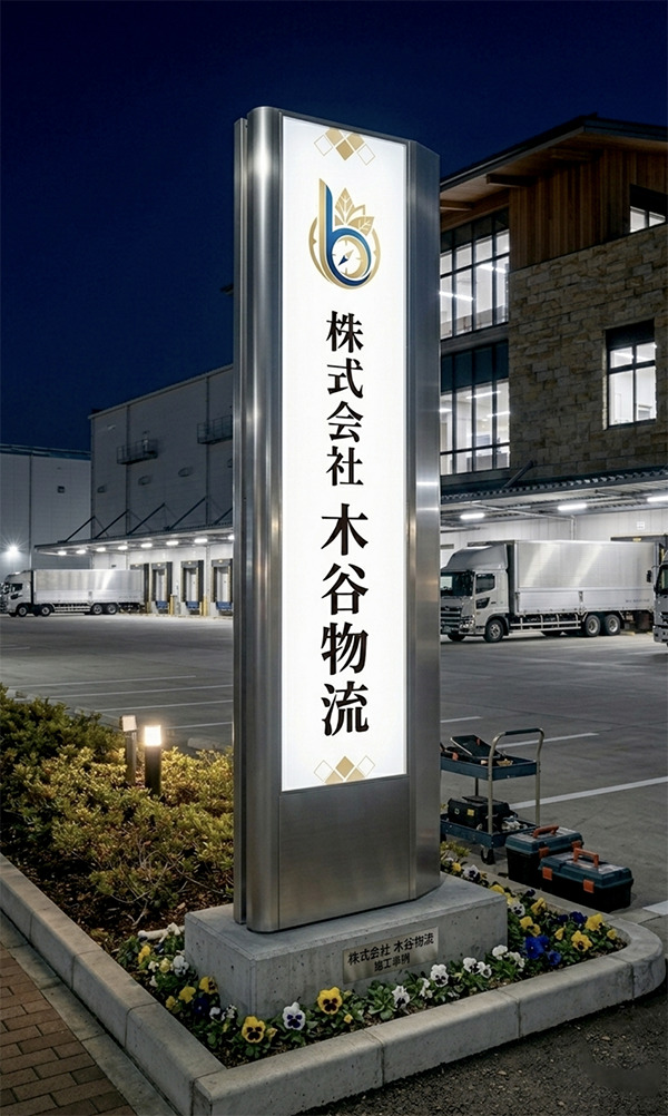 ビーファインBF 企業サイン内照式タワーサイン施工事例（ホワイト×ブラック）