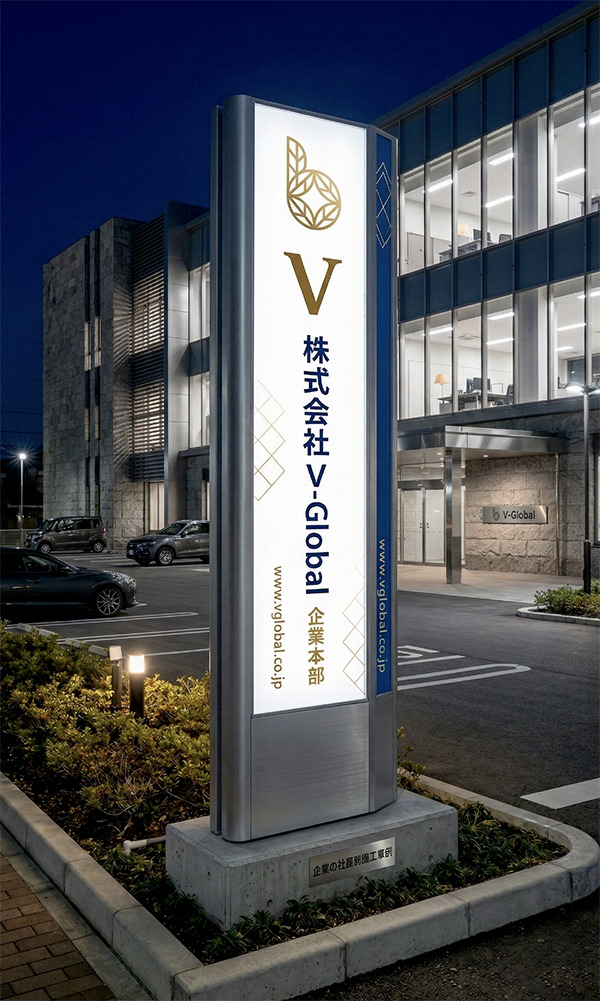 ビーファインBF 企業サイン内照式タワーサイン施工事例（ホワイト×ブラック）