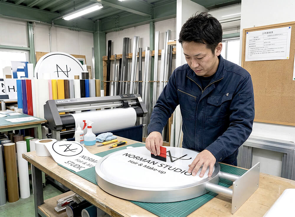 美容院看板製作中の工場内写真｜職人がアルミ複合板にシート貼り作業中