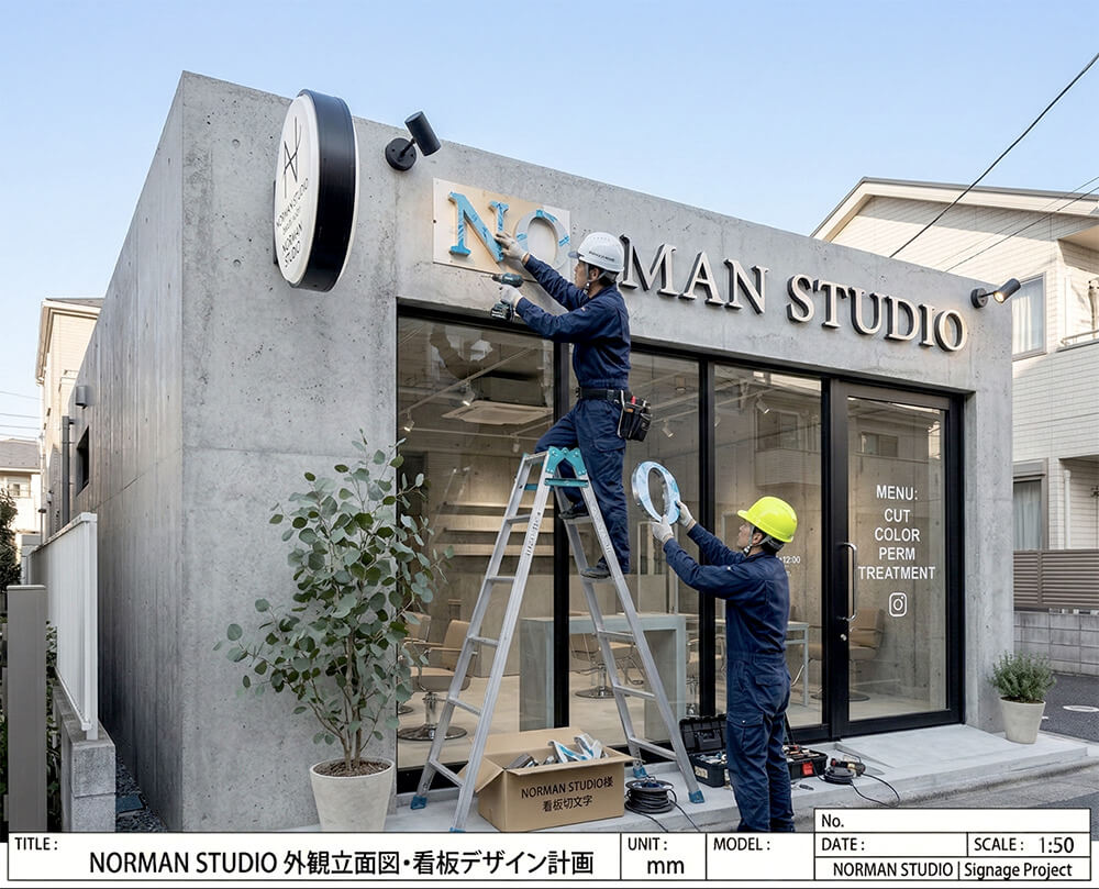 美容院の看板施工中の現場写真｜職人がウィンドウサインのシート貼り作業中