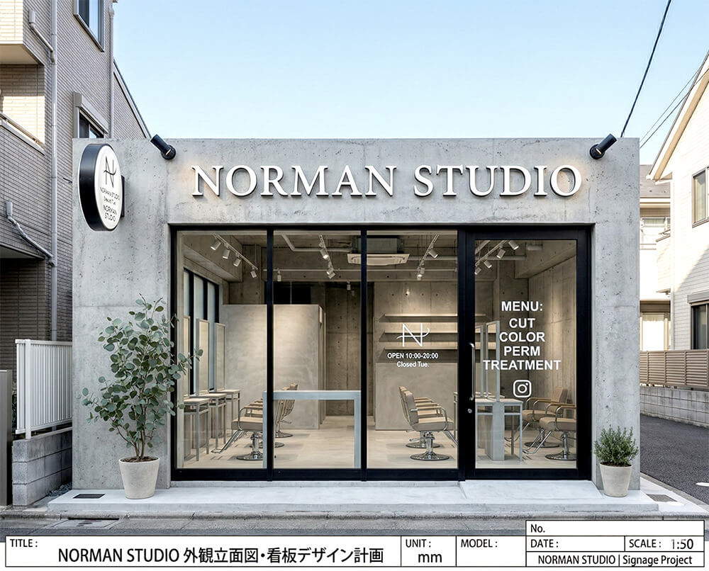 美容院の看板施工完成写真｜ヘアサロンのファサード看板＋ウィンドウサイン完成外観