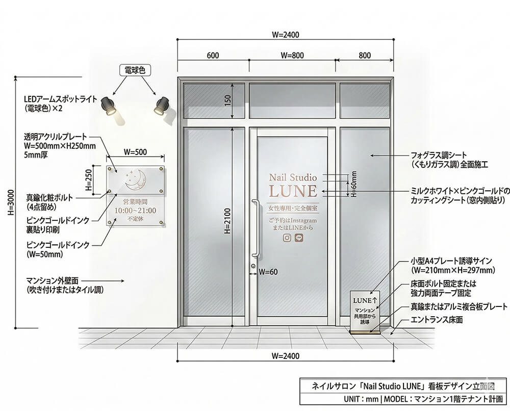 ネイルサロンNail Studio LUNEの看板デザイン提案図｜ミルクホワイト×ピンクゴールドアクリルプレート＋ウィンドウサイン