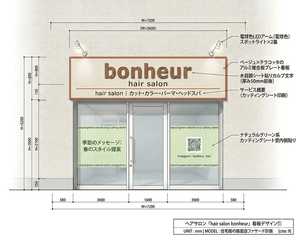 ヘアサロンbonheurの看板デザイン提案図｜ベージュ×テラコッタナチュラルファサード看板＋木目調カルプ文字