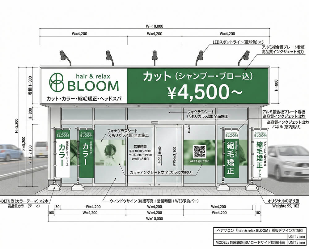 ヘアサロンhair & relax BLOOMの看板デザイン提案図｜W10,000mm大型ファサード看板＋のぼり旗4本ロードサイド集客最大化