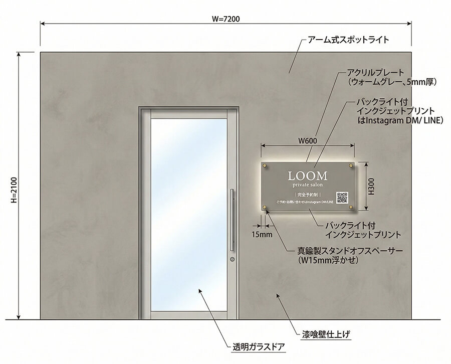プライベートヘアサロンLOOM private salonの壁面アクリルプレート看板デザイン提案図｜ウォームグレー×真鍮ゴールドミニマルサインプラン