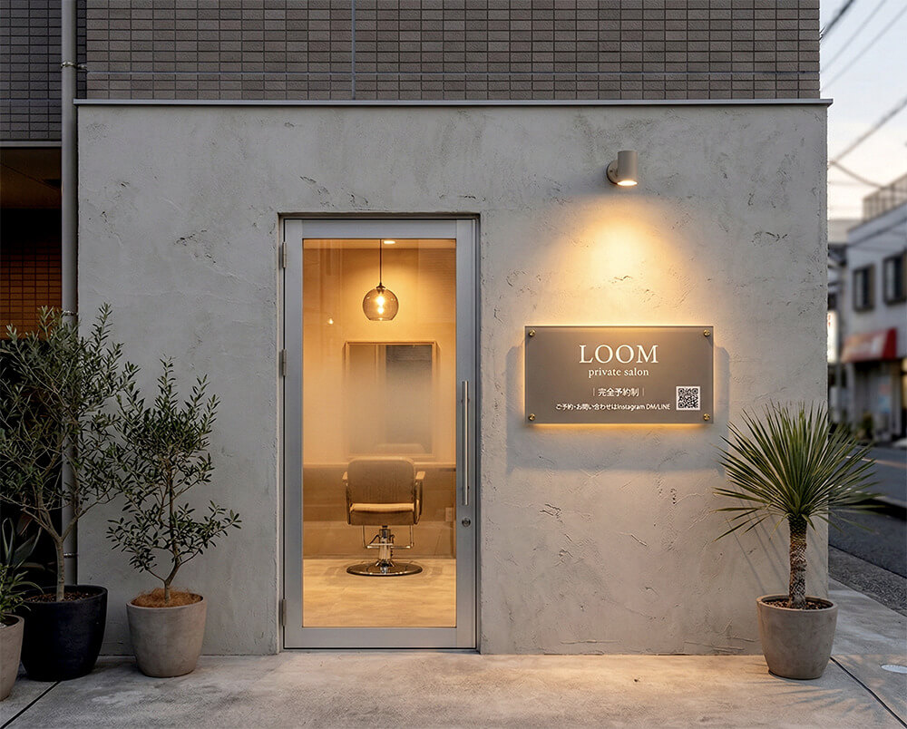 プライベートヘアサロンLOOM private salonの壁面アクリルプレート看板施工完成写真｜隠れ家サロンのブランド感を高める壁面看板完成