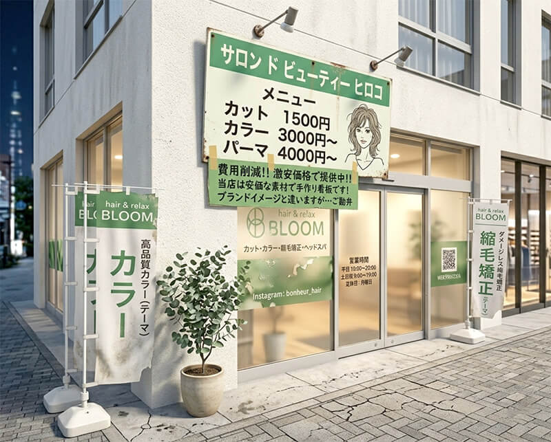 安っぽく見えてしまう美容院・サロンの看板デザイン失敗例