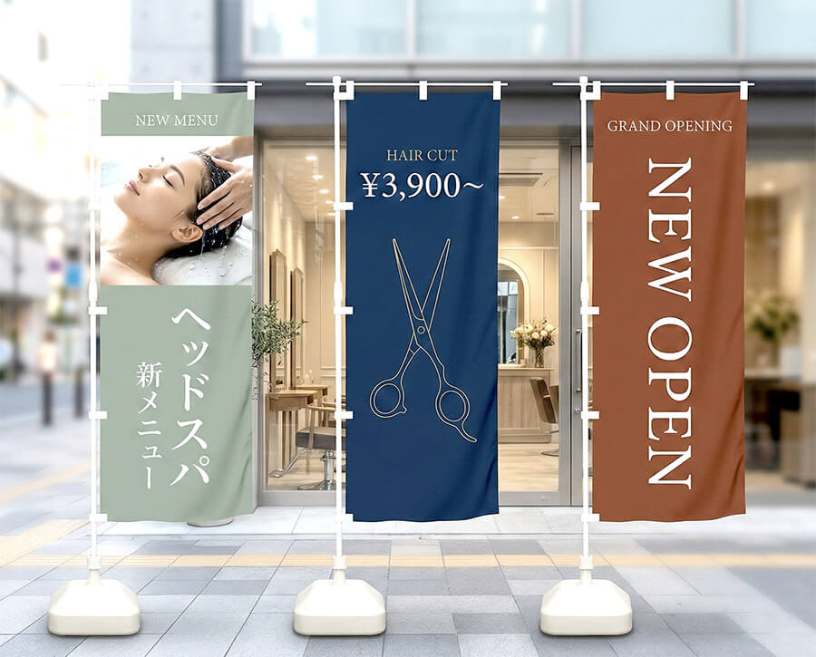 美容院・サロンのオリジナルのぼり旗製作事例（OPEN告知・カット価格訴求）