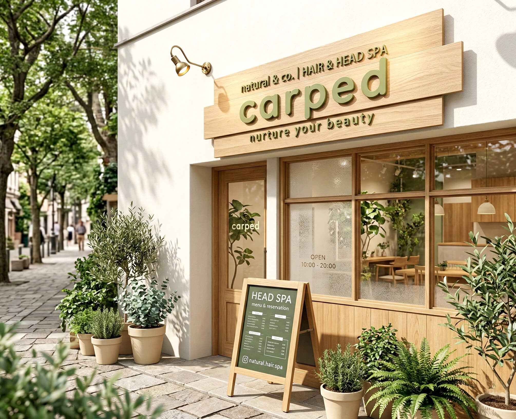 ナチュラルカフェ風ヘアサロンのベージュ×グリーン看板デザイン事例