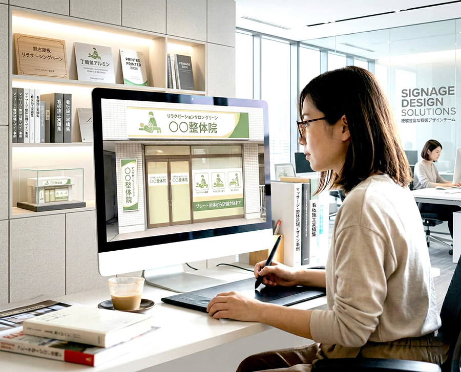 マッサージ店の看板デザイン提案図（サインプラン図）｜ファサード看板＋ウィンドウサイン設計図