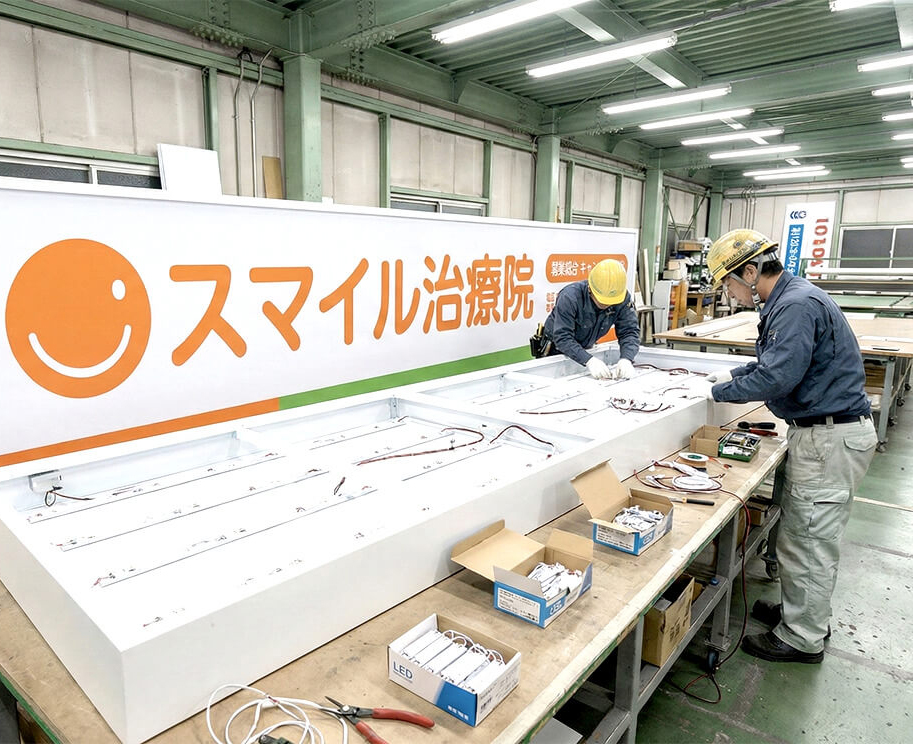 マッサージ看板製作中の工場内写真｜職人がアルミ複合パネルにシート貼り作業中