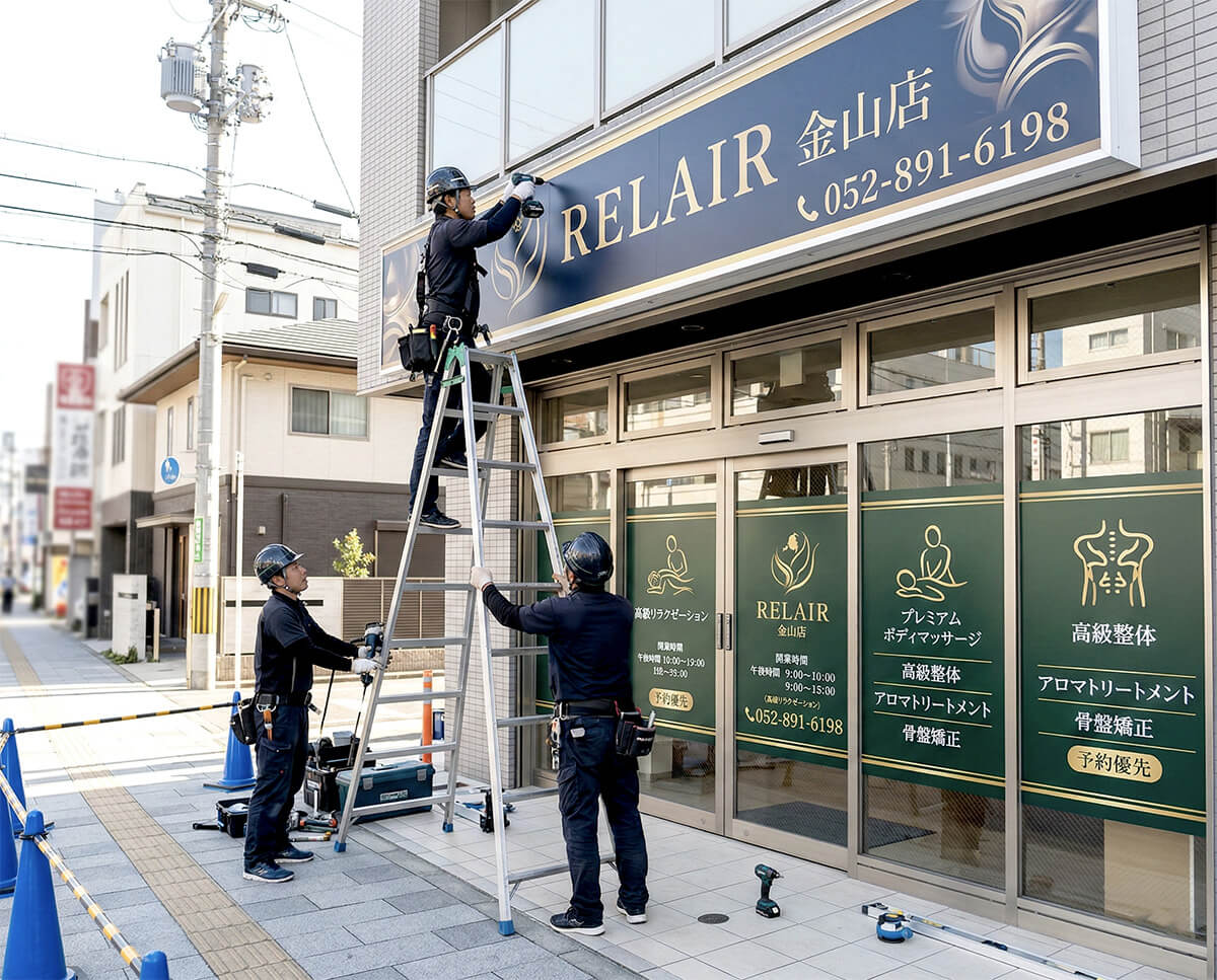マッサージ店の看板施工中の現場写真｜職人がウィンドウサインのシート貼り作業中