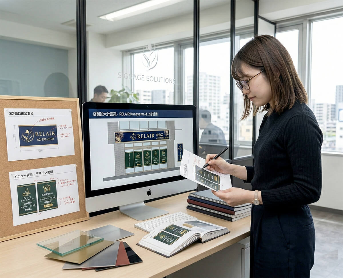 マッサージ店の看板施工完成写真｜リラクゼーションサロンのファサード看板＋ウィンドウサイン完成外観