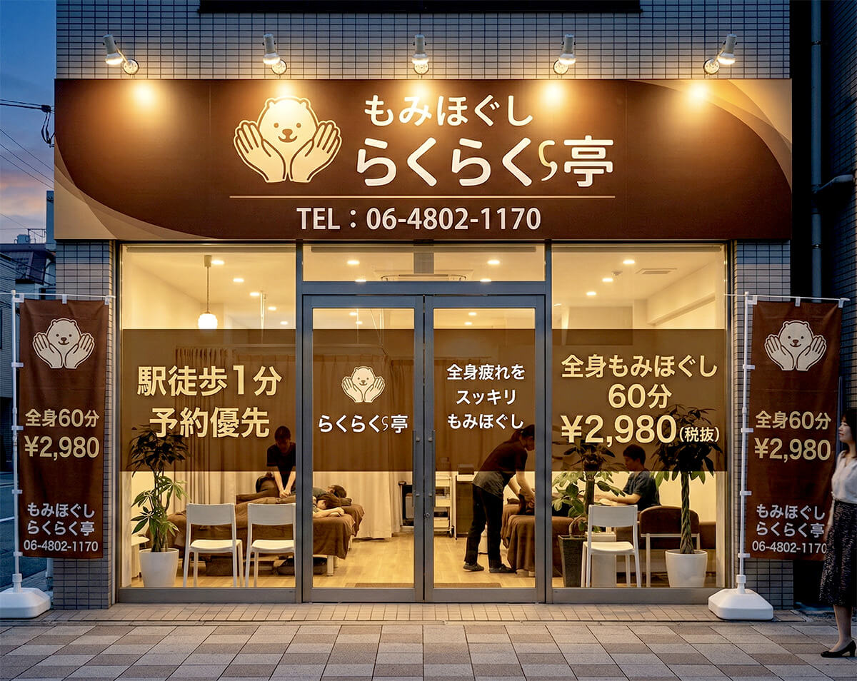 もみほぐしらくらく亭の看板施工完成写真｜温かみのあるファサード看板＋ウィンドウサイン＋のぼり旗一式
