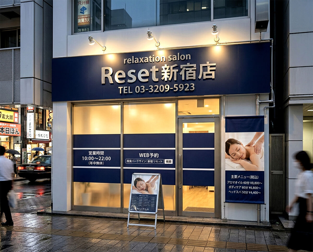 リラクゼーションサロンReset新宿店の看板施工完成写真｜ネイビーホワイトのスタイリッシュな外観一式
