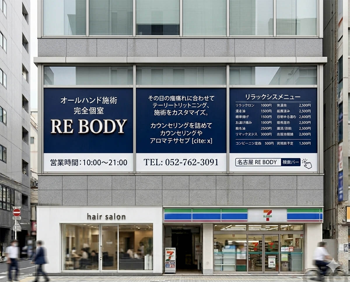 ビル2階リラクゼーションサロンRE BODYの看板施工完成写真｜ネイビーゴールドウィンドウサイン完成
