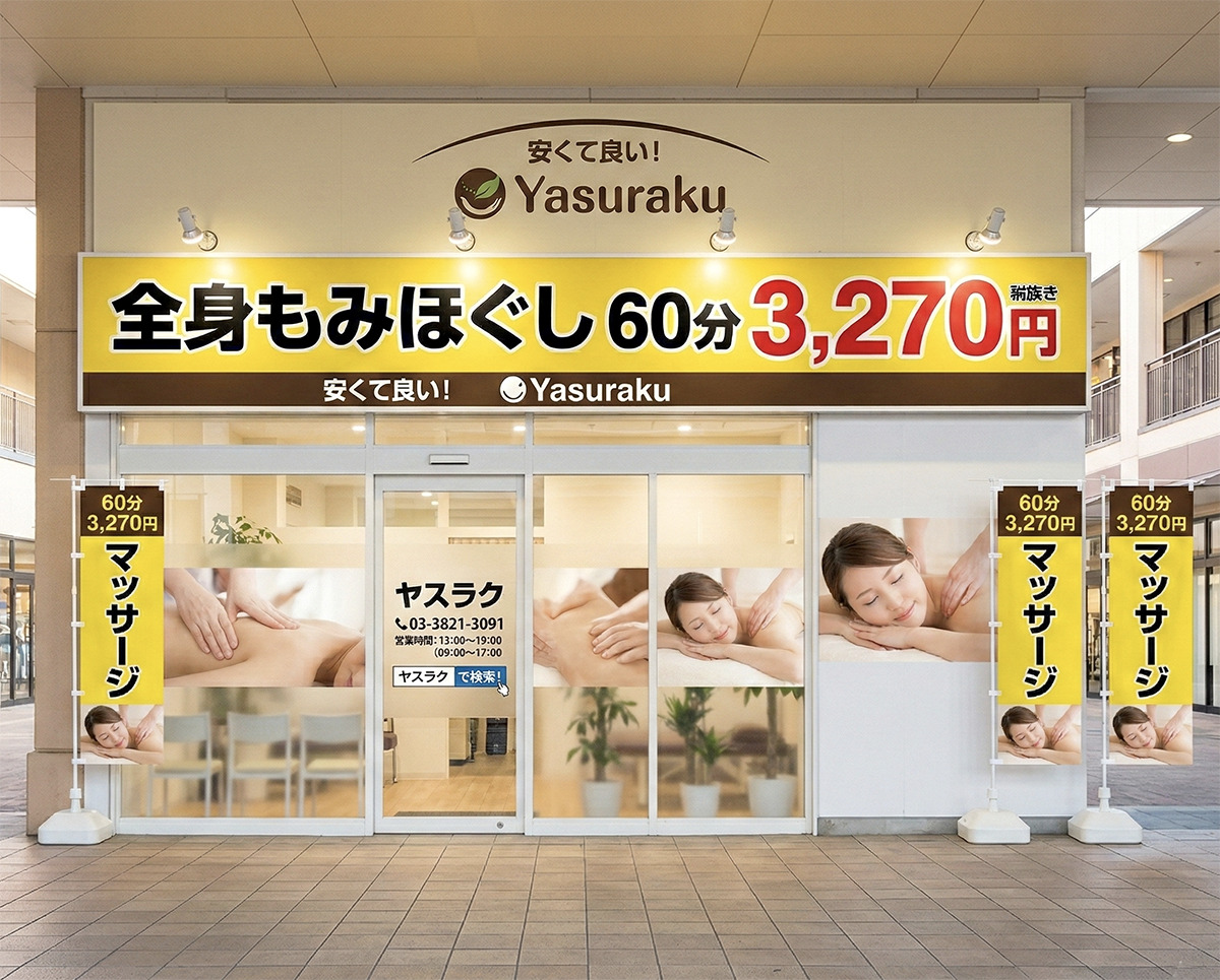 もみほぐし専門店Yasurakuの看板施工完成写真｜大型ファサード看板＋のぼり旗4本でロードサイド集客力最大化