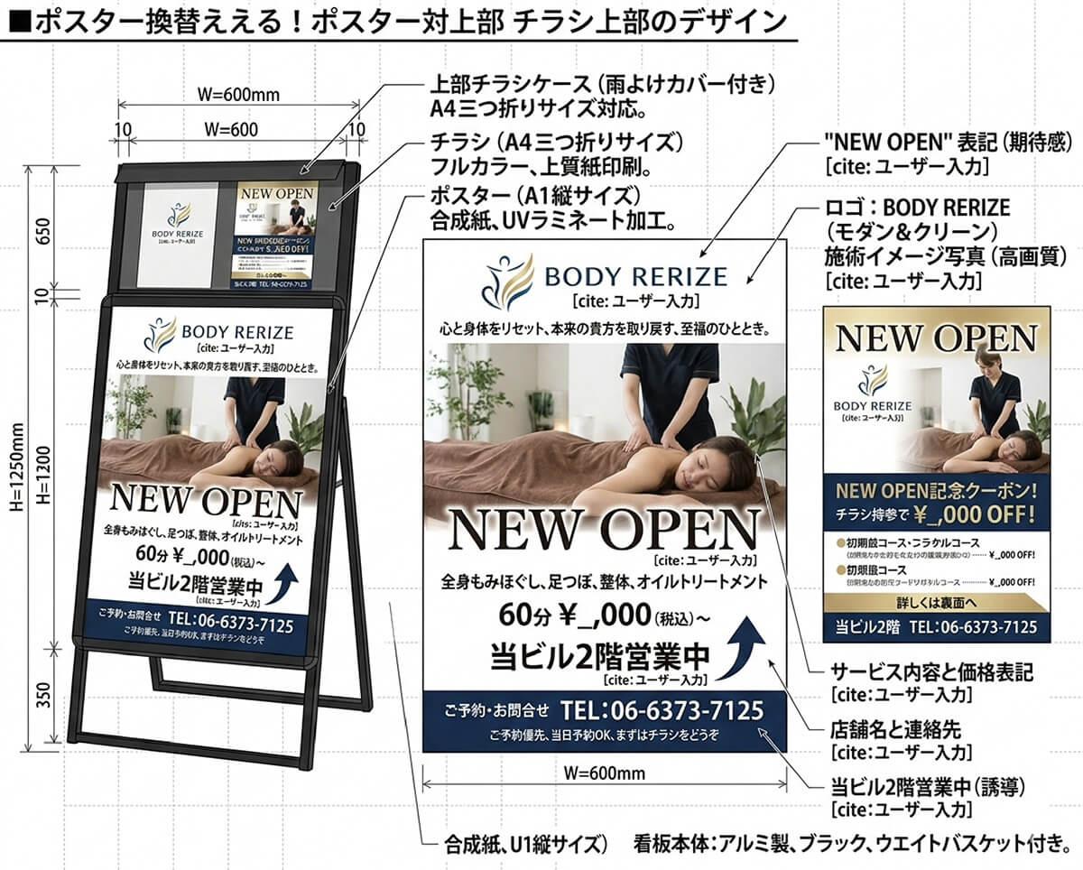 ビル2階マッサージサロンBODY RERIZEのA型スタンド看板デザイン提案図｜チラシケース一体型・NEW OPEN告知プラン