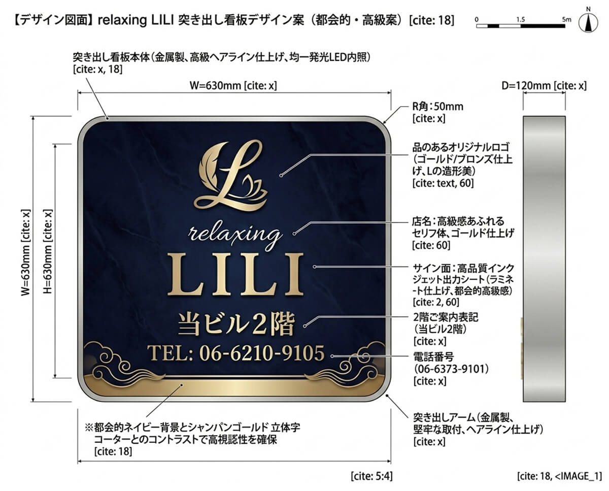 リラクゼーションサロンrelaxing LILIの突き出し看板デザイン提案図｜ネイビー×ゴールドW630mm正方形LED内照式突き出し看板（都会的・高級案）