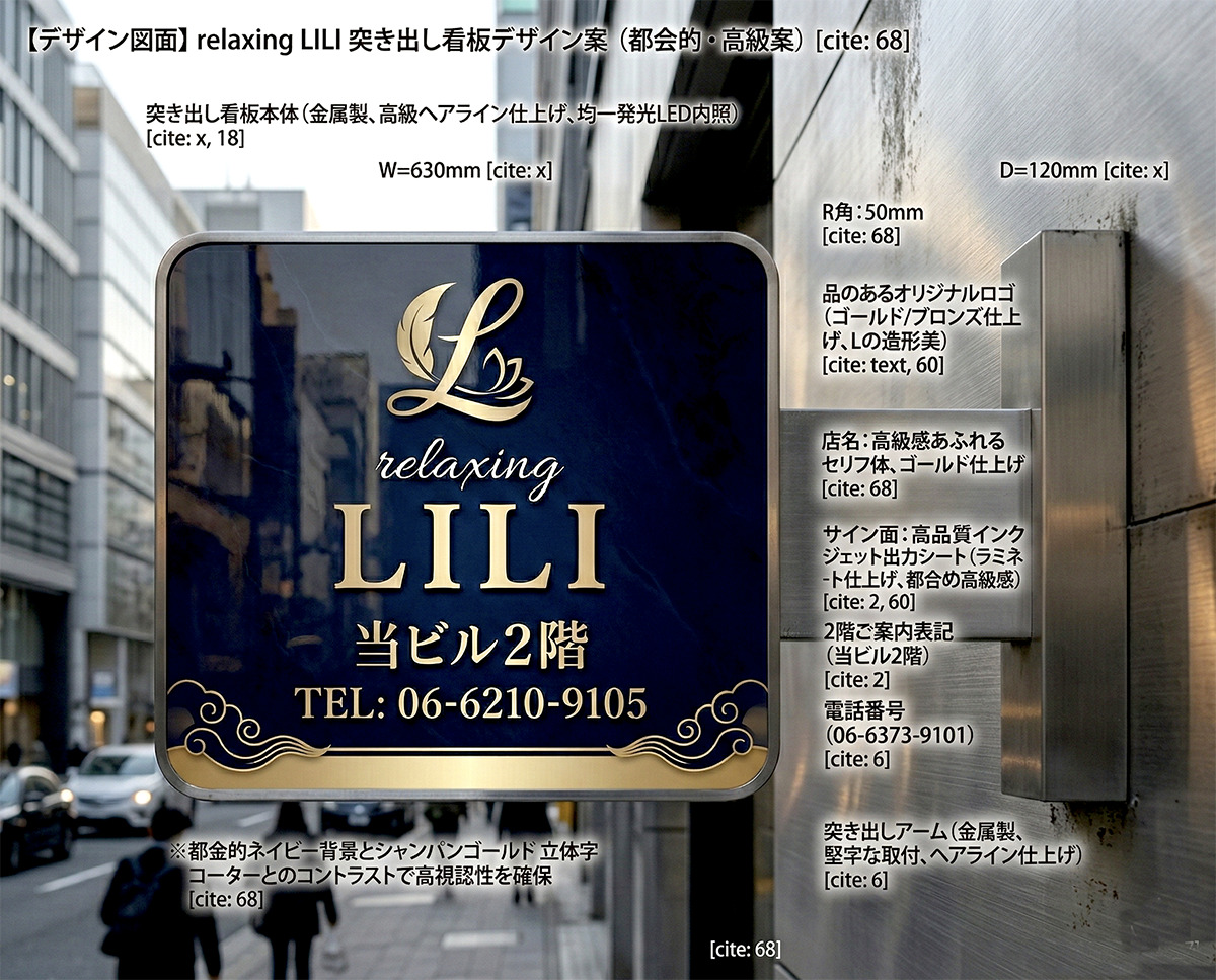 リラクゼーションサロンrelaxing LILIの突き出し看板施工完成写真｜ネイビーゴールドLED内照式突き出し看板完成