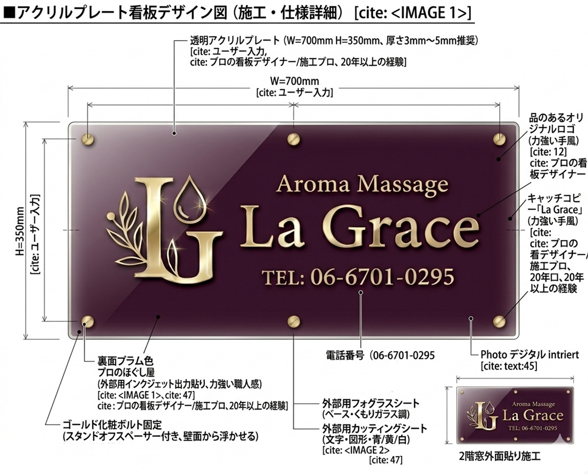 アロママッサージLa Graceのアクリルプレート看板デザイン提案図｜ボルドー×ゴールド透明アクリルW700mm・ゴールド化粧ボルト固定