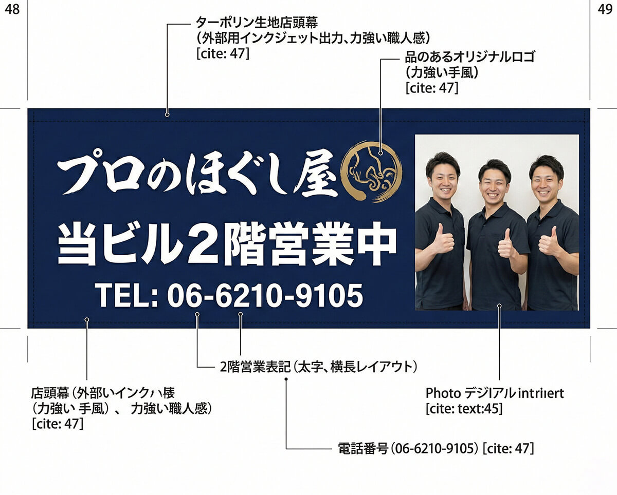 もみほぐし専門店プロのほぐし屋の店頭幕デザイン提案図｜スタッフ集合写真入りネイビー横断幕・当ビル2階誘導