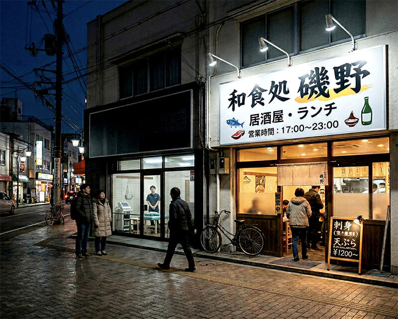 夜間見えないマッサージ・リラクゼーション店の看板失敗例
