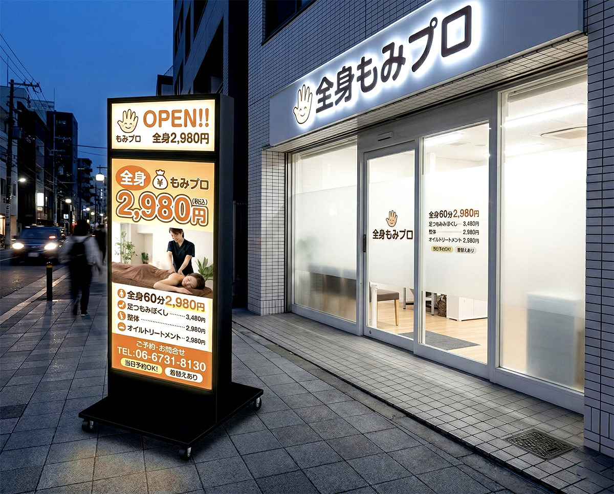 マッサージ店の電飾スタンド看板製作事例（夜間集客）