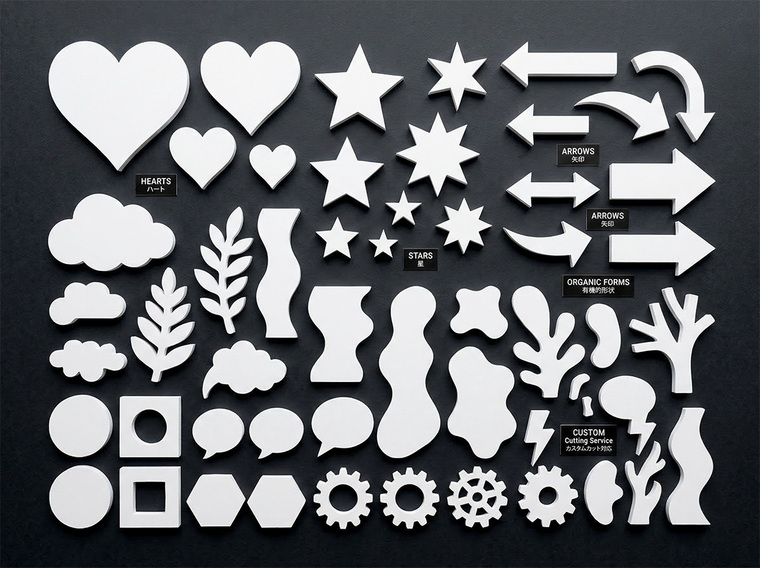 NCルーターによる大判スチレンボードの形状カット加工・ハート星など多数