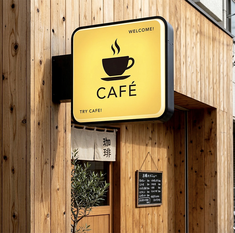 カフェ 正方形突き出し看板 W630mm LED内照式 施工事例