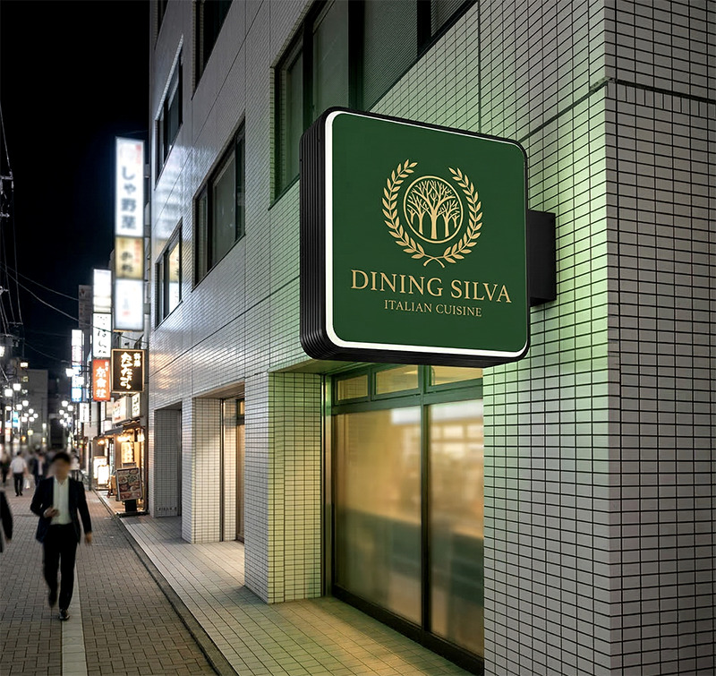 イタリアンダイニング 正方形突き出し看板 ブラックタイプ 施工事例