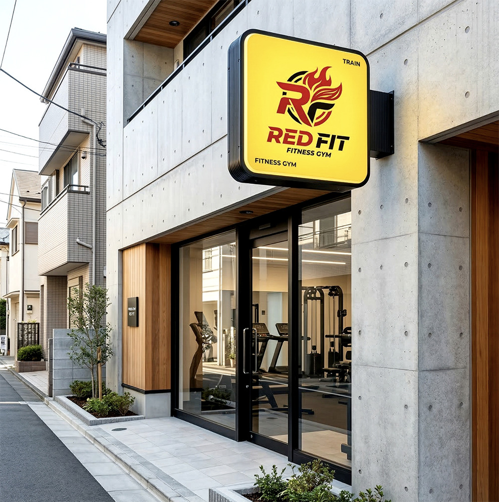 フィットネスジム 正方形突き出し看板 900mm 大型 施工事例