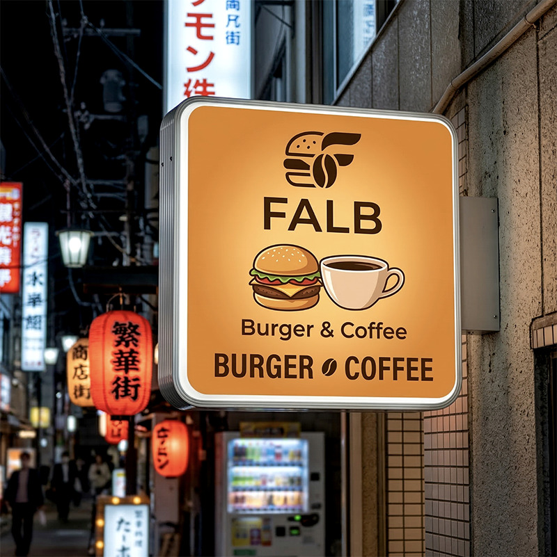 正方形突き出し看板でスタイリッシュな店舗外観デザイン事例