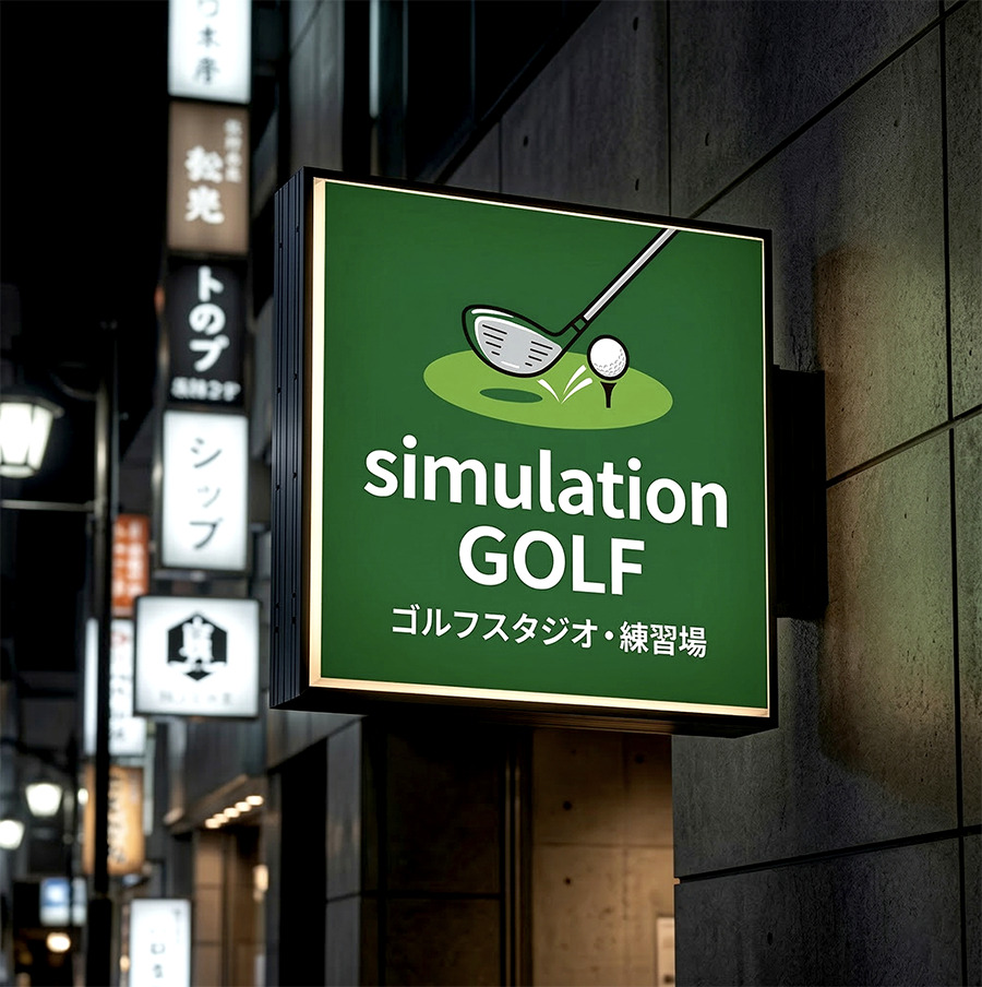 LED内照式正方形突き出し看板 夜間点灯イメージ - 24時間集客