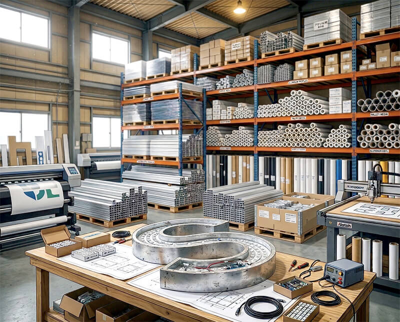 内照式タワーサイン製作工場内の製造・品質管理シーン