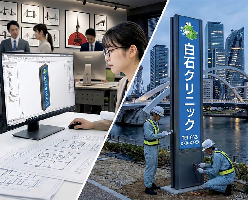 自立看板・タワーサインの現地施工・設置工事シーン（全国対応）