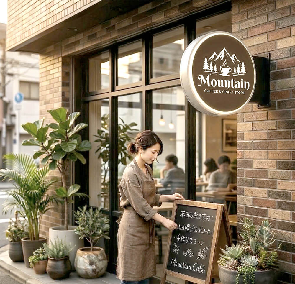 丸型突き出し看板でおしゃれな店舗外観デザイン事例