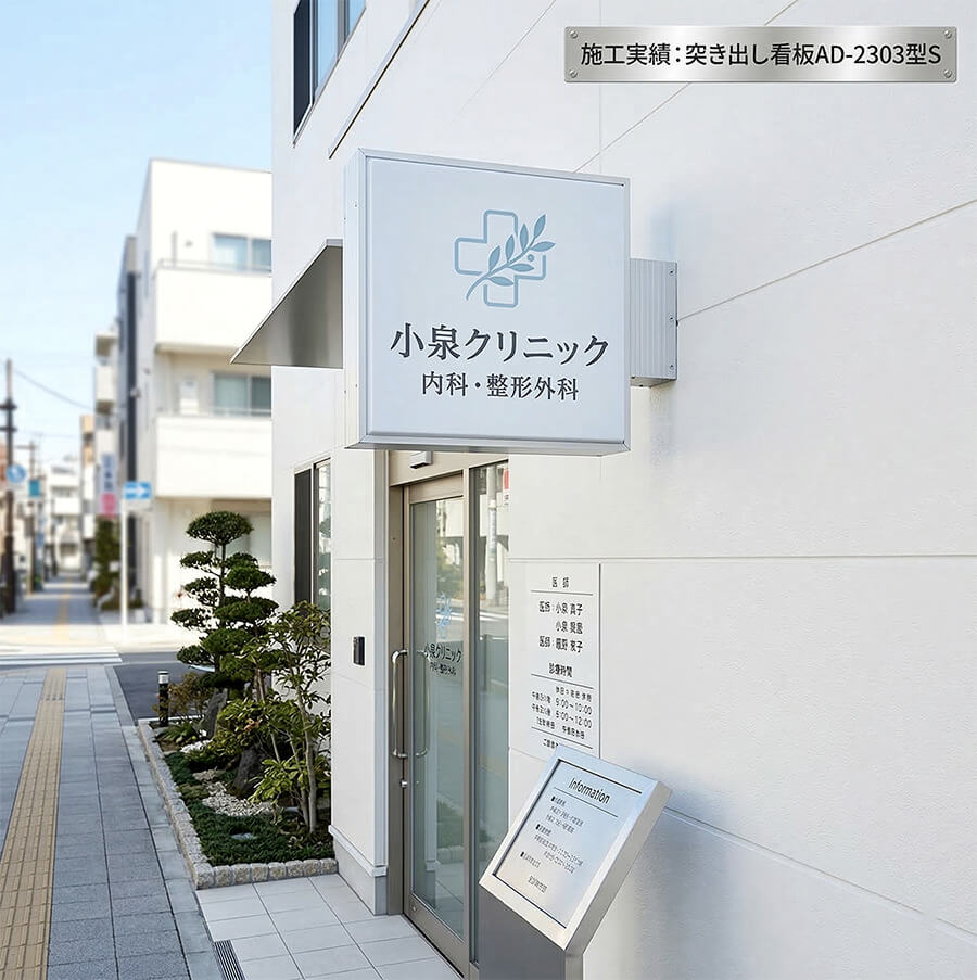 正方形突き出し看板は遠くからでも目立つ - 通行人視点の視認性イメージ